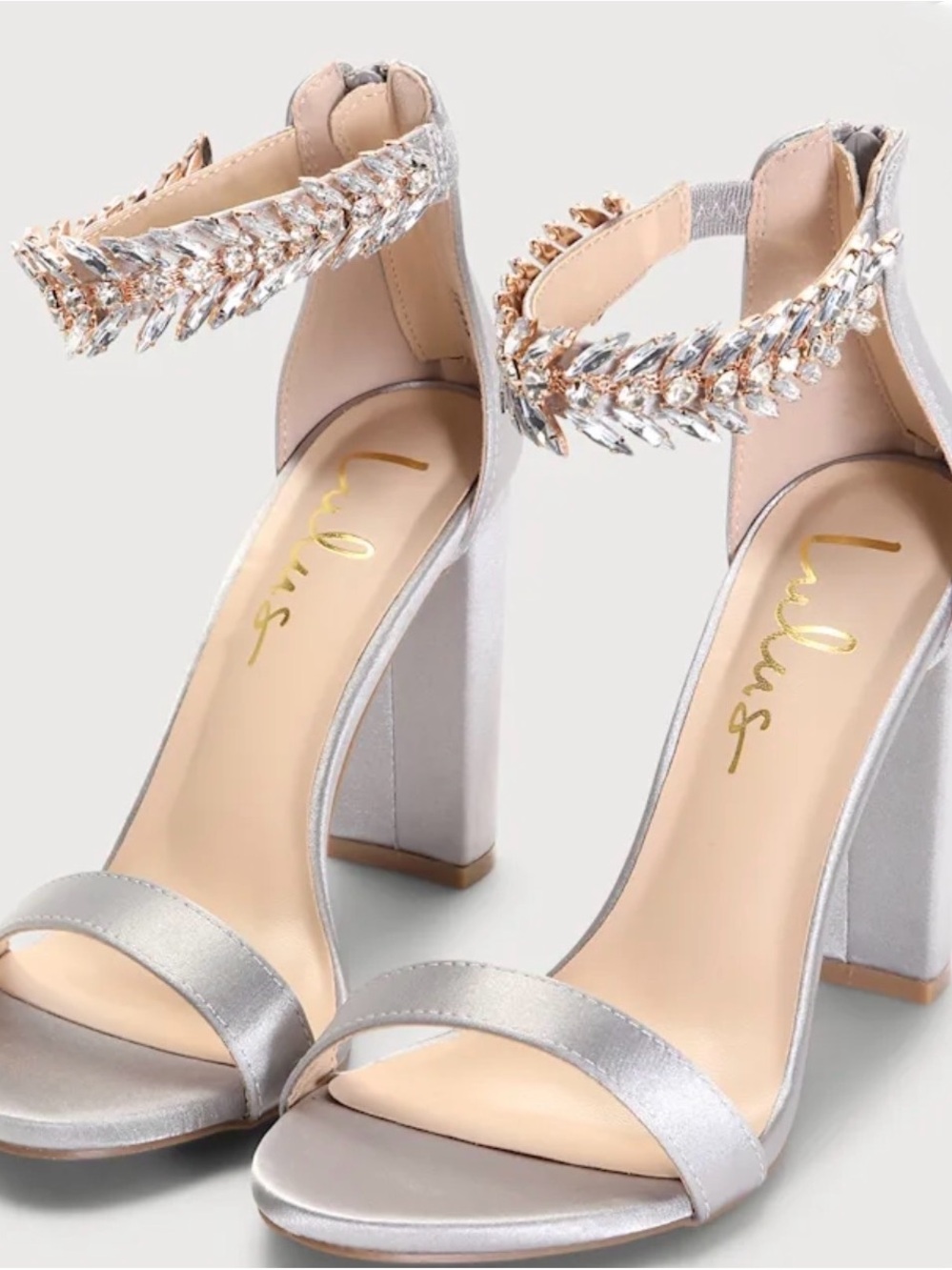 Lulu's Silver Crystal Leaf Ankle-Strap Block Heels